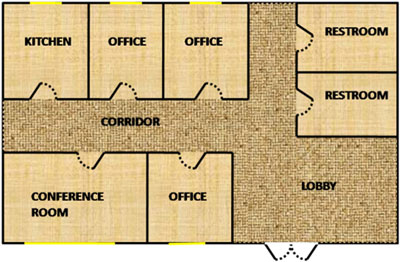 شکل2- نمایی از محل های پر رفت و آمد در یک ساختمان، قسمت های پر رنگ محل های پر رفت و آمد را نشان می دهند [9].