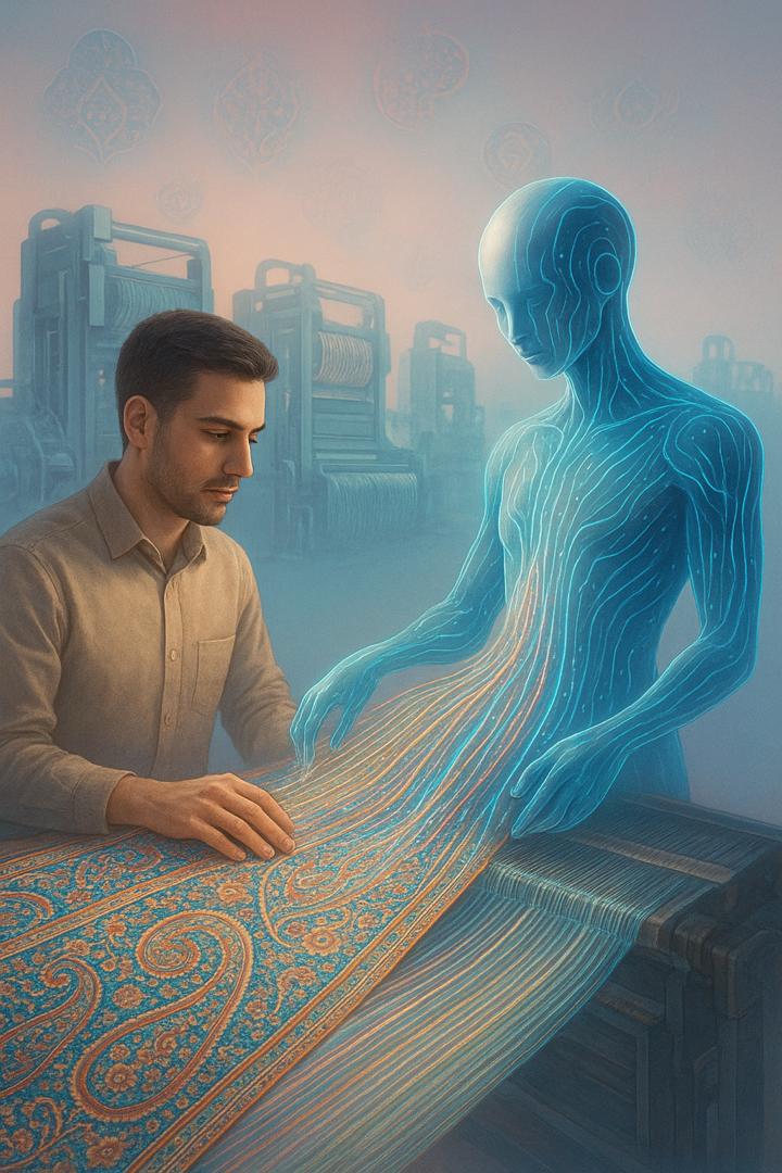 طراح ایرانی در حال کار با نرم‌افزار هوش مصنوعی برای خلق الگوی پارچه 