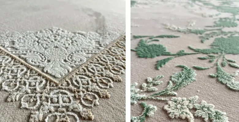 تصویر نمای نزدیک از فرش ضدآلرژی با بافت کم‌پرز در اتاق نشیمن مدرن